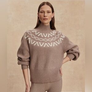 Varley Marcie Fair Isle Yoke Knit Taupe and Cream Turtleneck Sweater